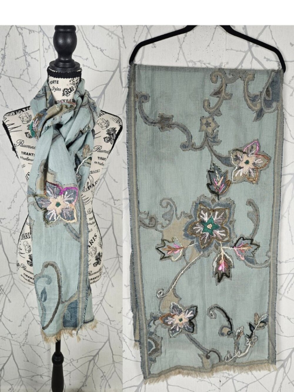 Hang N Hold Linen Cotton Blend Floral Embroidered Scarf